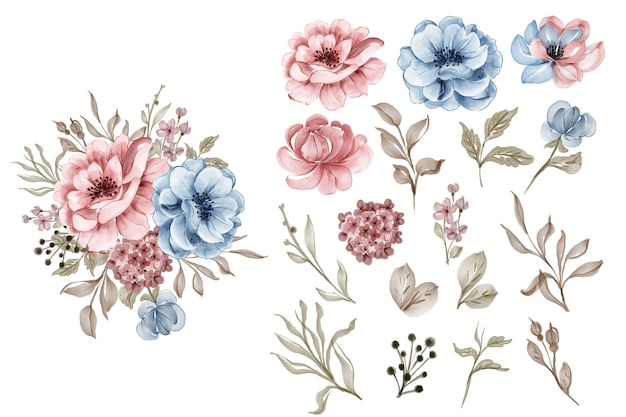 Conjunto de flor rosa azul e clip-art isolado de folhas