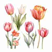 Vetor grátis conjunto de flores de tulipa aquarela clipart fundo branco