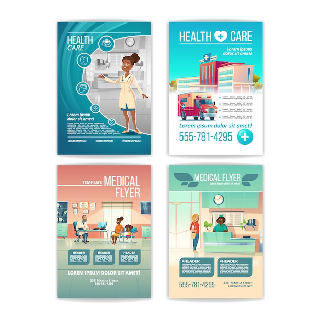 Conjunto de folhetos médicos. cartazes de serviços de saúde