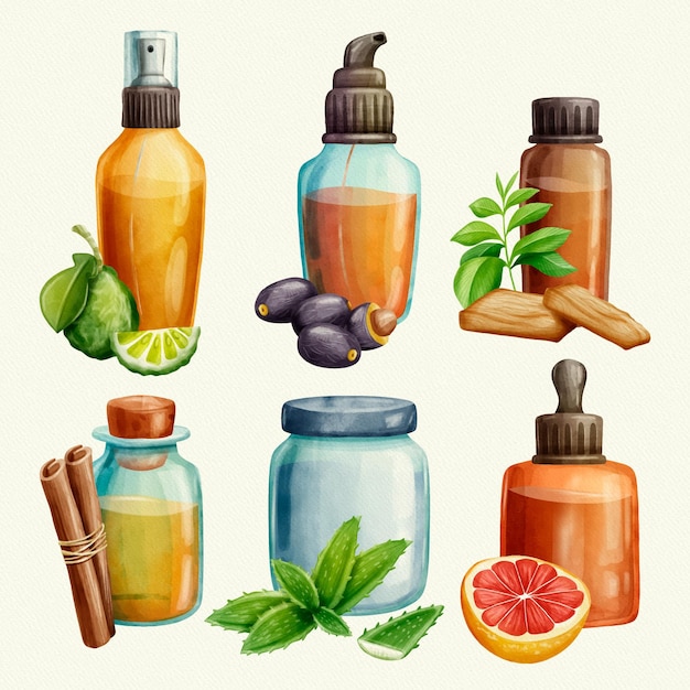 Vetor grátis conjunto de frascos de óleo essencial de aquarela