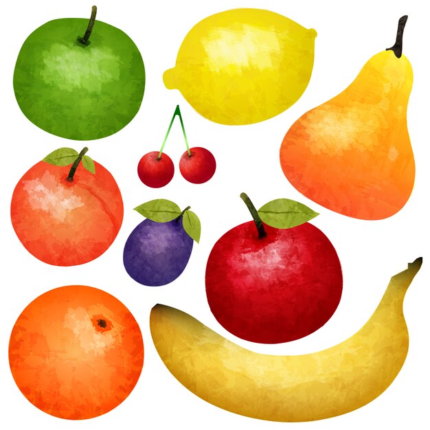 Conjunto de frutas maduras em aquarela