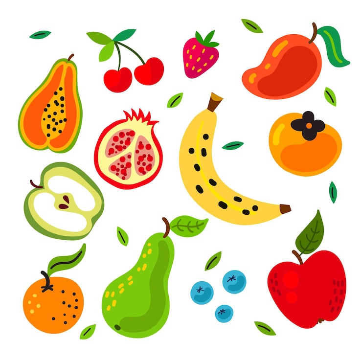 Vetor grátis conjunto de frutas saborosas desenhadas à mão