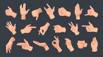 Conjunto de fundo de mãos humanas de ícones isolados com vários gestos de dedos e mãos de ilustração vetorial de pele branca