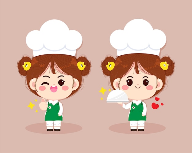 Conjunto de garota fofa chef sorrindo em uniforme, preparando comida cartoon art illustration