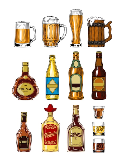 Vetor grátis conjunto de garrafas e garrafas com álcool