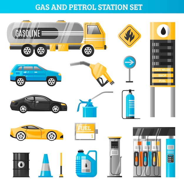 Vetor grátis conjunto de gás e posto de gasolina
