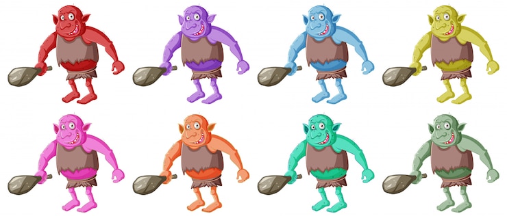 Vetor grátis conjunto de goblin colorido ou troll segurando a ferramenta de caça com cara de smail em personagem de desenho animado isolada