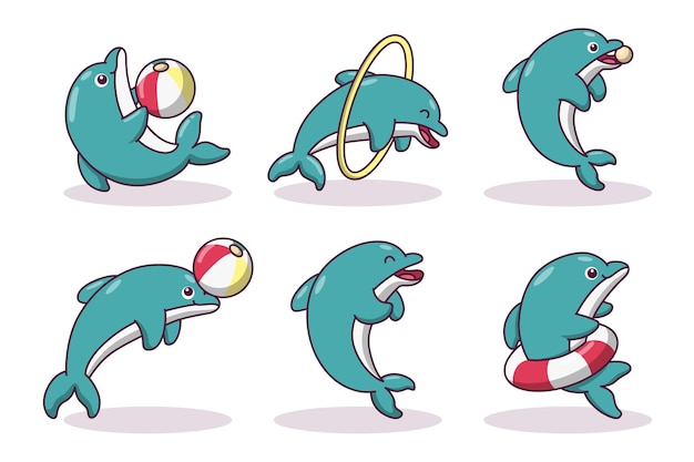 Conjunto de golfinhos azuis bonitos em vários truques de performance com bola