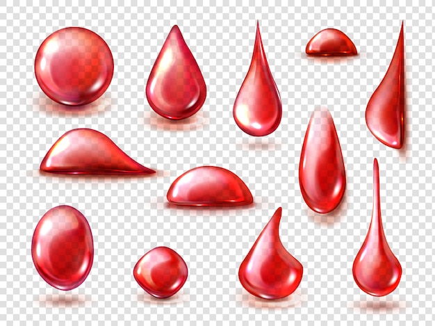 Vetor grátis conjunto de gotas vermelhas de água vermelha, suco ou vinho