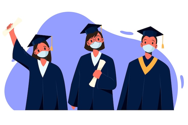 Vetor grátis conjunto de graduados usando máscaras médicas