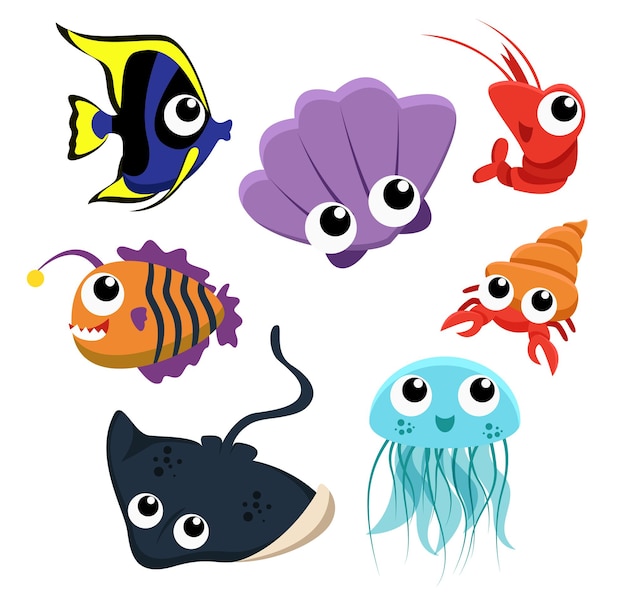 Conjunto de grupo de animais marinhos, peixes, conchas, águas-vivas, camarões, arraia em branco