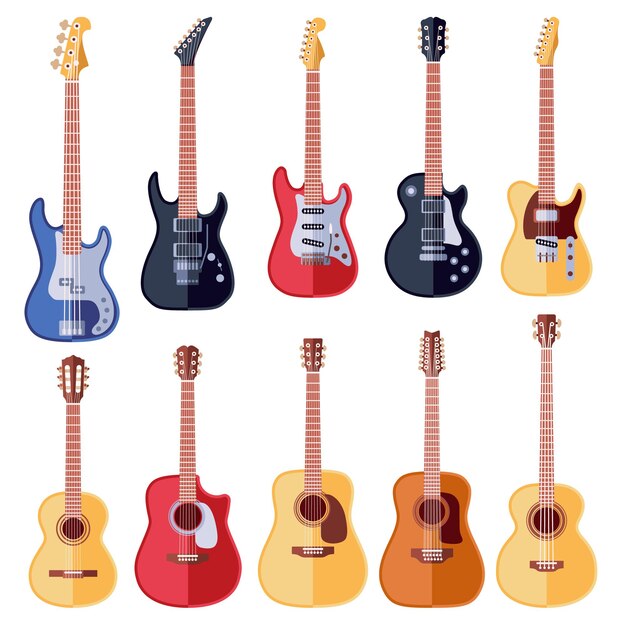 Conjunto de guitarras acústicas e elétricas