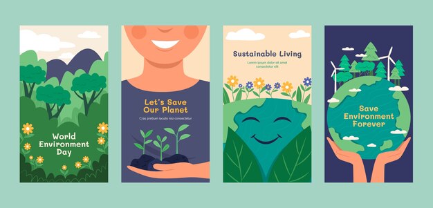 Conjunto de histórias de ig plana desenhadas à mão para o dia mundial do meio ambiente