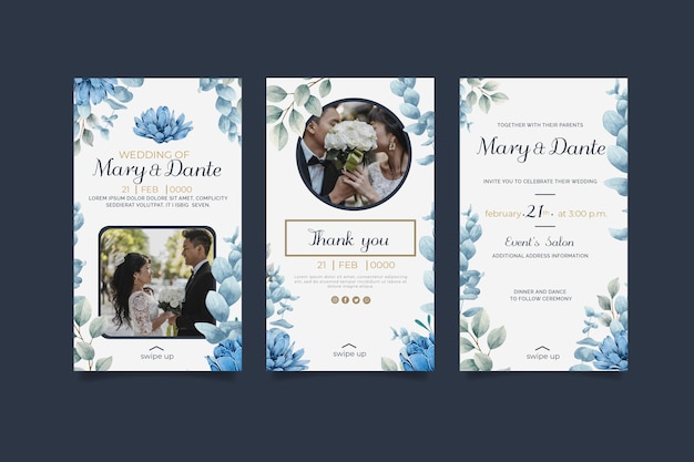 Vetor grátis conjunto de histórias de instagram de casamento floral