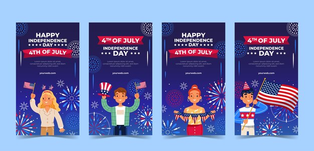 Conjunto de histórias do instagram de 4 de julho desenhados à mão