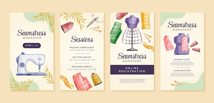 Vetor grátis conjunto de histórias do instagram de costureira aquarela