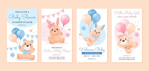 Conjunto de histórias do instagram de festa de chá de bebê em aquarela