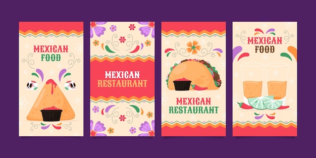 Vetor grátis conjunto de histórias do instagram de restaurante mexicano desenhado à mão