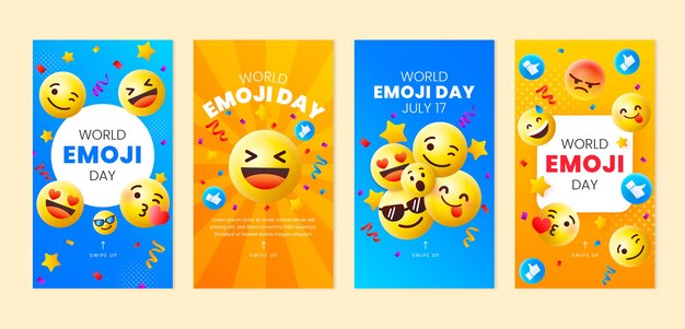 Conjunto de histórias do instagram do dia mundial do emoji gradiente