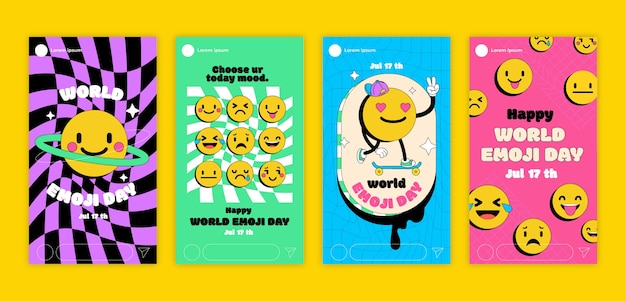 Vetor grátis conjunto de histórias do instagram do dia mundial do emoji