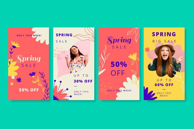 Conjunto de histórias instagram de promoções de primavera