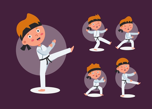 Vetor grátis conjunto de homem atleta de taekwondo em ações diferentes do personagem de desenho animado, ilustração isolada