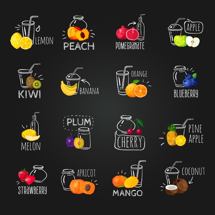 Vetor grátis conjunto de ícones coloridos frutas frescas chalkboard