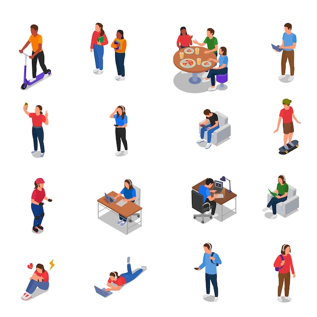 Vetor grátis conjunto de ícones de adolescentes com símbolos de estilo de vida ativo ilustração vetorial isolada isométrica