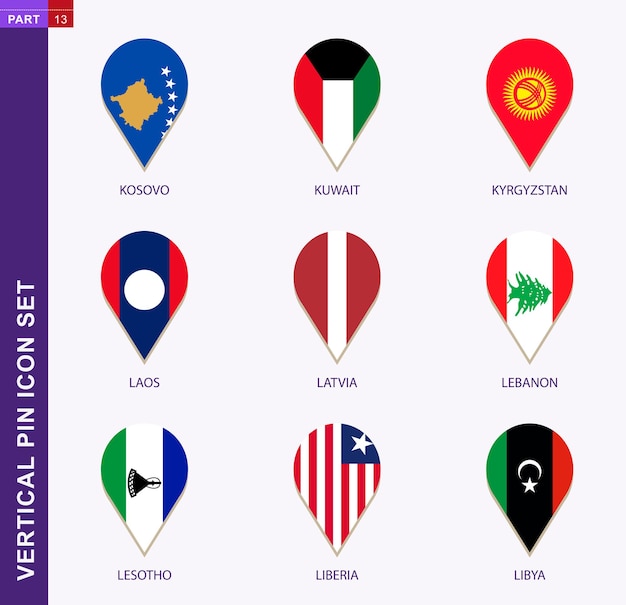 Conjunto de ícones de alfinetes verticais, bandeira de 9 países: kosovo, kuwait, quirguistão, laos, letônia, líbano, lesoto, libéria, líbia