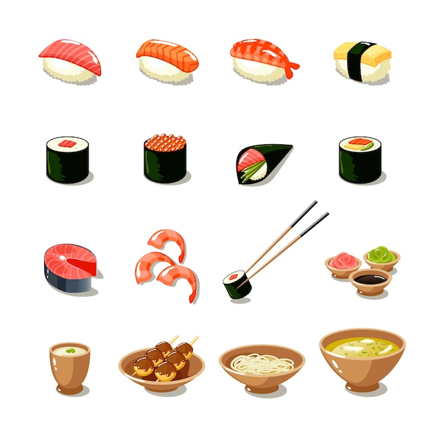 Vetor grátis conjunto de ícones de alimentos da ásia