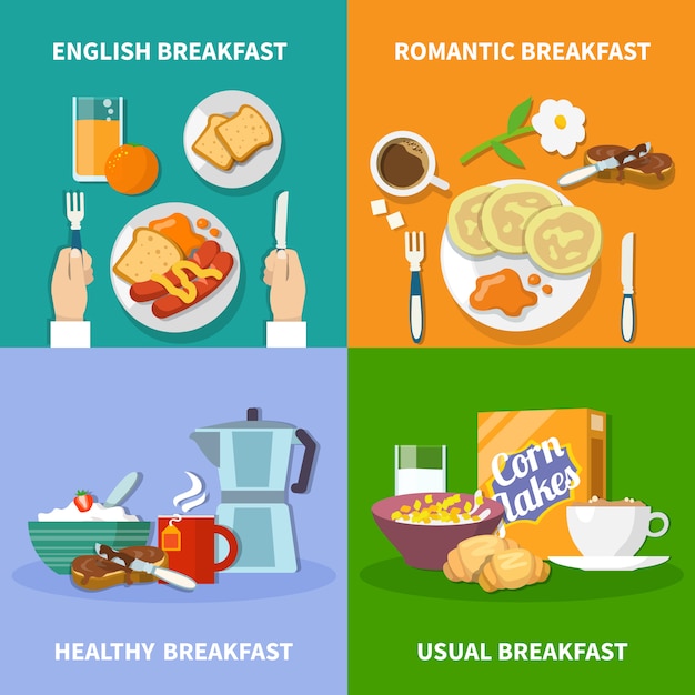 Vetor grátis conjunto de ícones de café da manhã plana