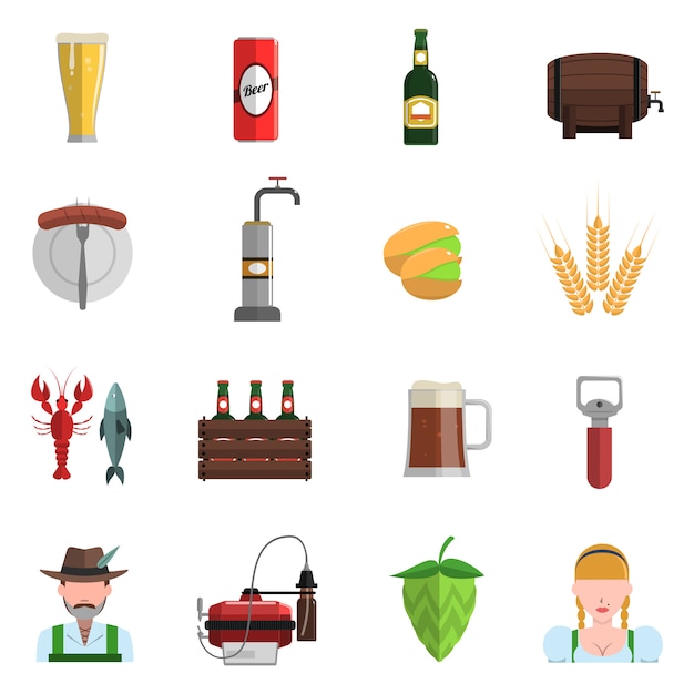 Vetor grátis conjunto de ícones de cerveja plana