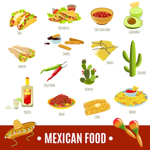 Vetor grátis conjunto de ícones de comida mexicana