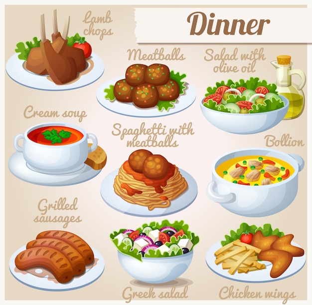 Conjunto de ícones de comida para jantar