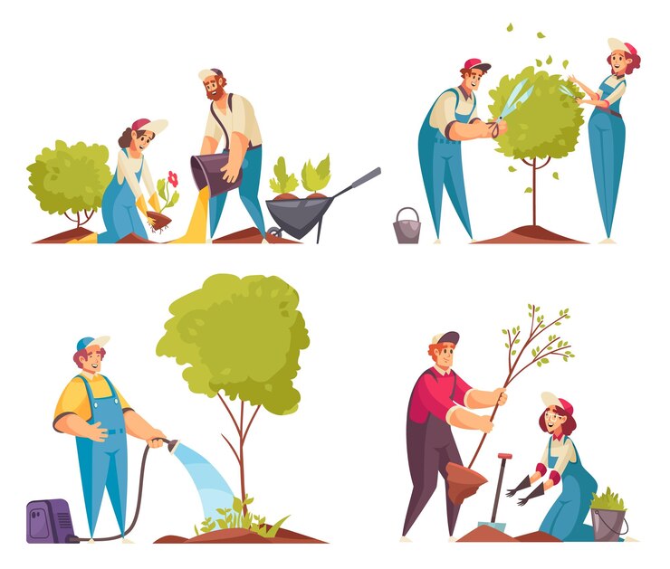 Vetor grátis conjunto de ícones de conceito de jardineiro com ilustração vetorial plana isolada de árvores