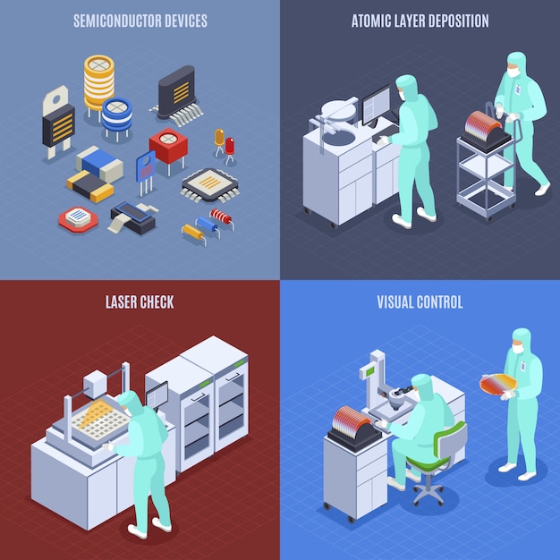 Vetor grátis conjunto de ícones de conceito de produção de semicondutores com símbolos de verificação a laser isométrico isolado