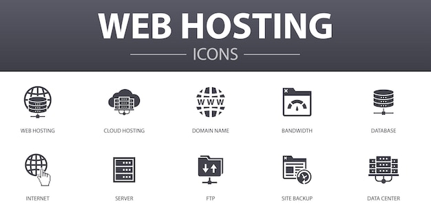 Conjunto de ícones de conceito simples de hospedagem na web. contém ícones como nome de domínio, largura de banda, banco de dados, internet e mais, pode ser usado para web, logotipo, ui / ux