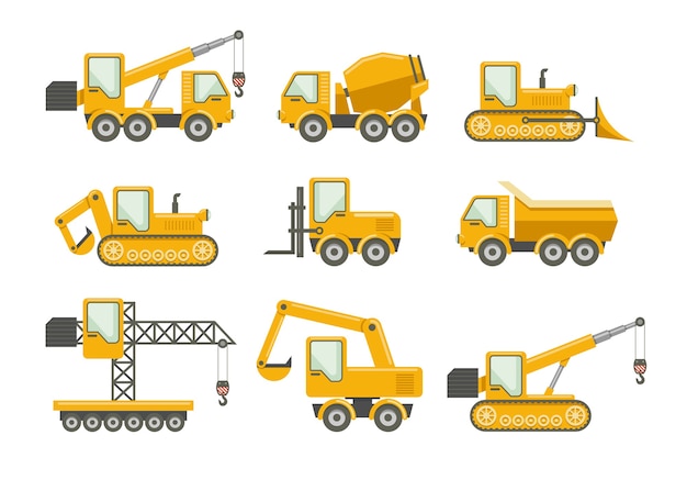 Conjunto de ícones de construção de vetor. bulldozer e máquinas, caminhão e guindaste, escavadeira e misturador