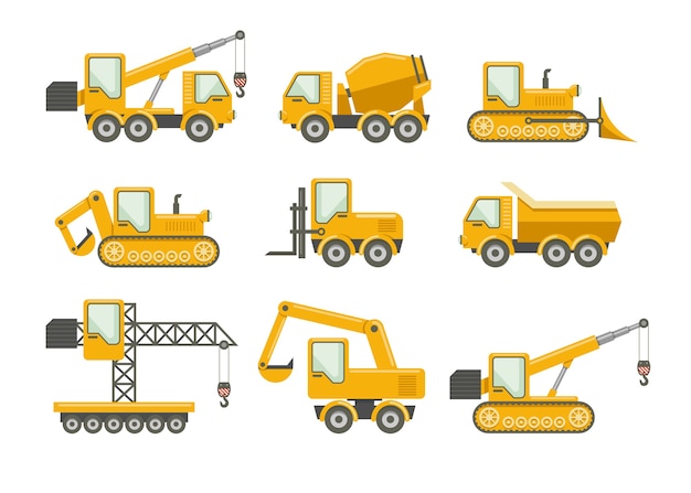 Conjunto de ícones de construção de vetor. Bulldozer e máquinas, caminhão e guindaste, escavadeira e misturador