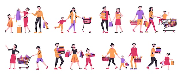 Conjunto de ícones de cores de compras pessoas com crianças casais compram em lojas com sacos e carrinhos ilustração vetorial