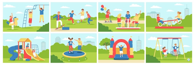 Conjunto de ícones de cores do parque infantil, as crianças correm, rastejam pelo parque, andam no carrossel dos balanços e saltam no trampolim ilustração do vetor