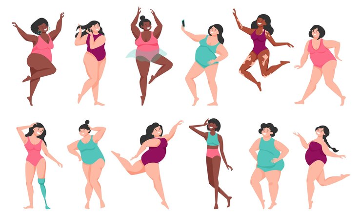 Vetor grátis conjunto de ícones de cores positivas para o corpo, mulheres em trajes de banho com peso e cor de pele diferentes são igualmente bonitas e felizes ilustração do vetor