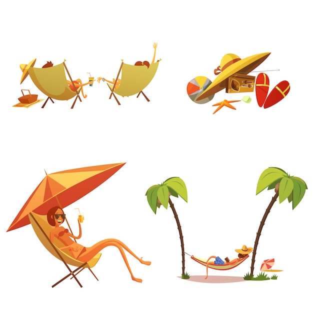 Vetor grátis conjunto de ícones de desenhos animados de férias de verão
