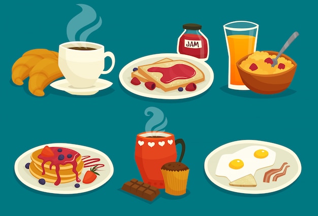 Vetor grátis conjunto de ícones de desenhos animados de pequeno-almoço