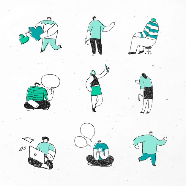Conjunto de ícones de desenhos animados de vetor de negócios verdes fofos