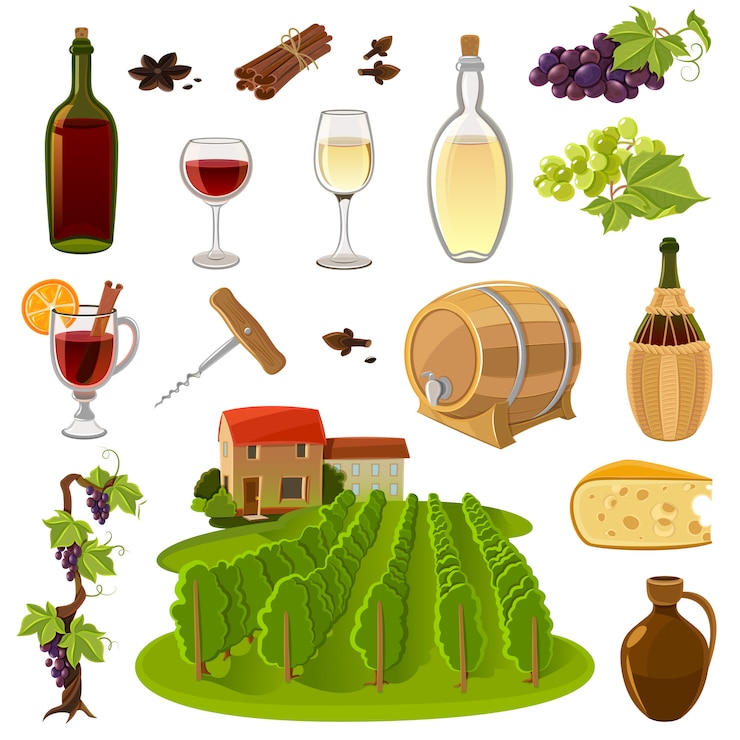 Vetor grátis conjunto de ícones de desenhos animados de vinho