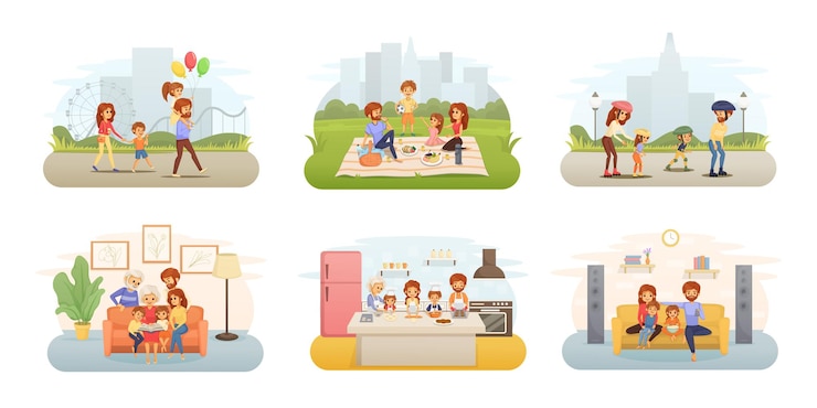 Vetor grátis conjunto de ícones de desenhos animados para férias em família