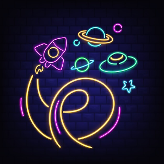 Vetor grátis conjunto de ícones de espaço de néon, foguete, ovni, saturno e estrela