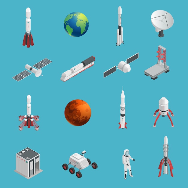 Vetor grátis conjunto de ícones de espaço foguete 3d isolado e colorido