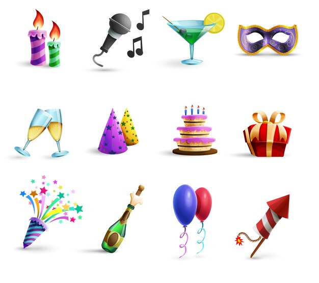 Conjunto de ícones de estilo colorido dos desenhos animados de celebração